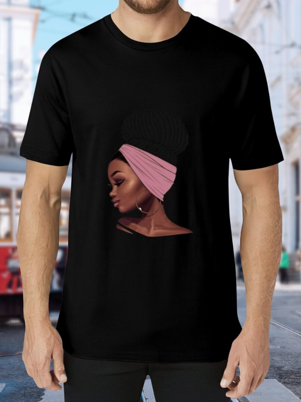 Black Short Sleeve Tee with Pink Headwrap Graphic